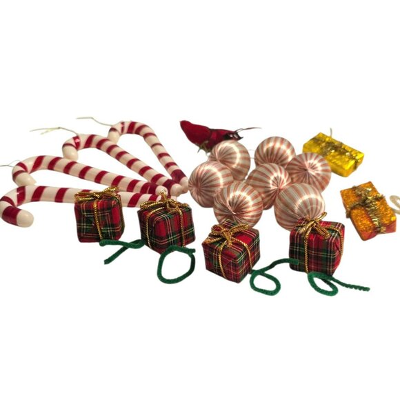Vintage Christmas Tree Ornaments Lot Candy Canes Balls Gift Boxes Red Bird MCM - Picture 2 of 10